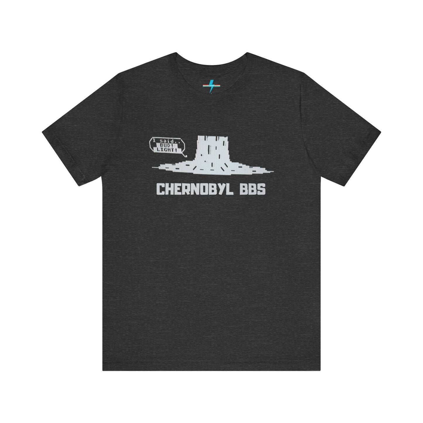 Introducing the Chernobyl BBS 1987 Shorewood, Illinois - Unisex Jersey Short Sleeve Tee by Printify: This dark gray tee showcases a glowing nuclear cooling tower with "BBS" text on the side. Below the graphic, "CHERNOBYL BBS" is boldly printed in capital letters, making it an ideal choice for retro tech aficionados and old-school hackers alike.