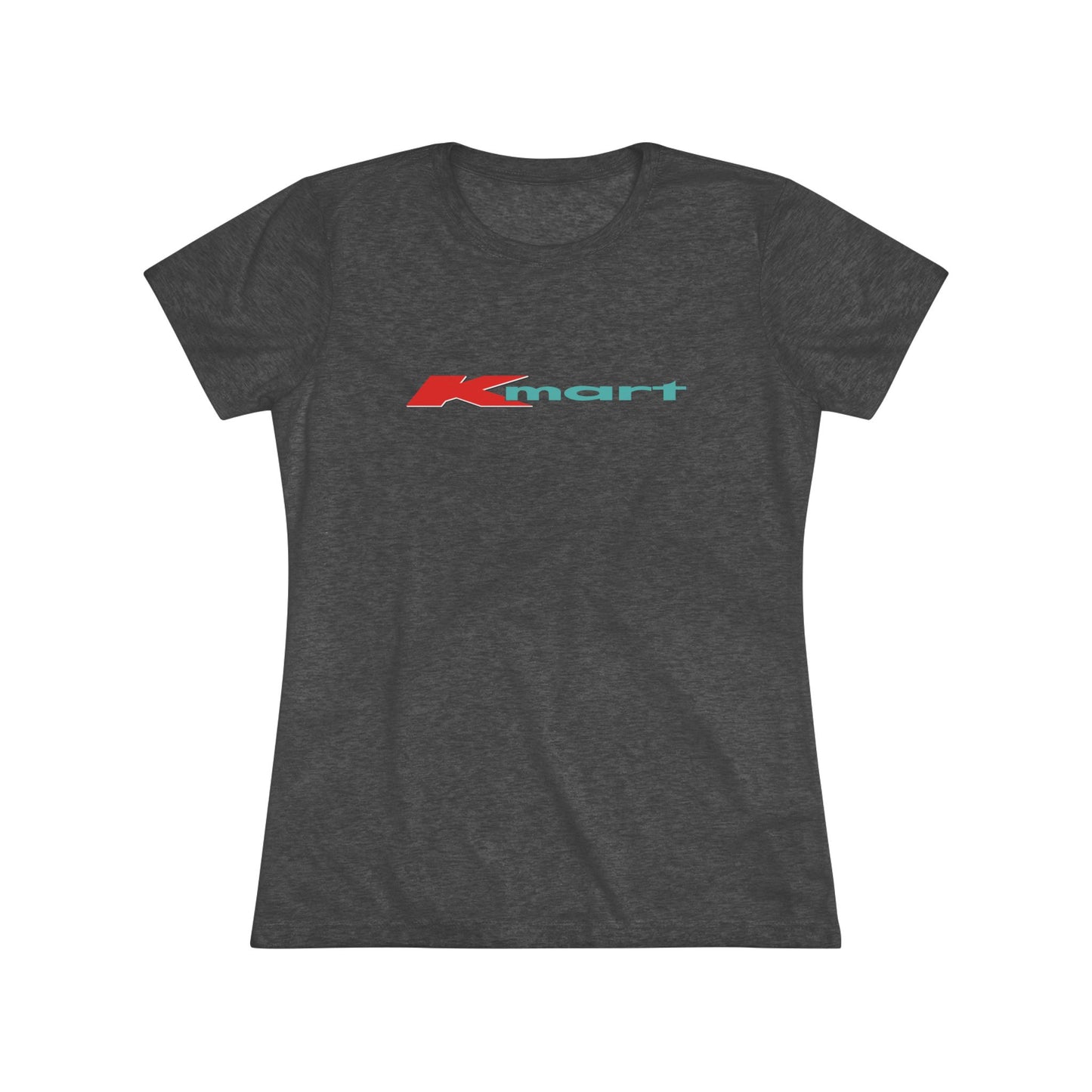 A women's triblend tee by Printify in light gray, featuring a casual and minimalist design that captures the essence of vintage style with a centered 1980s Retro Kmart logo on the front.