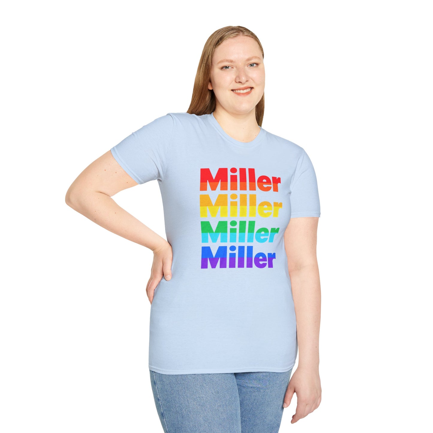 Miller Beach Rainbow Retro Tee — Vintage Stack Name Pride T-Shirt