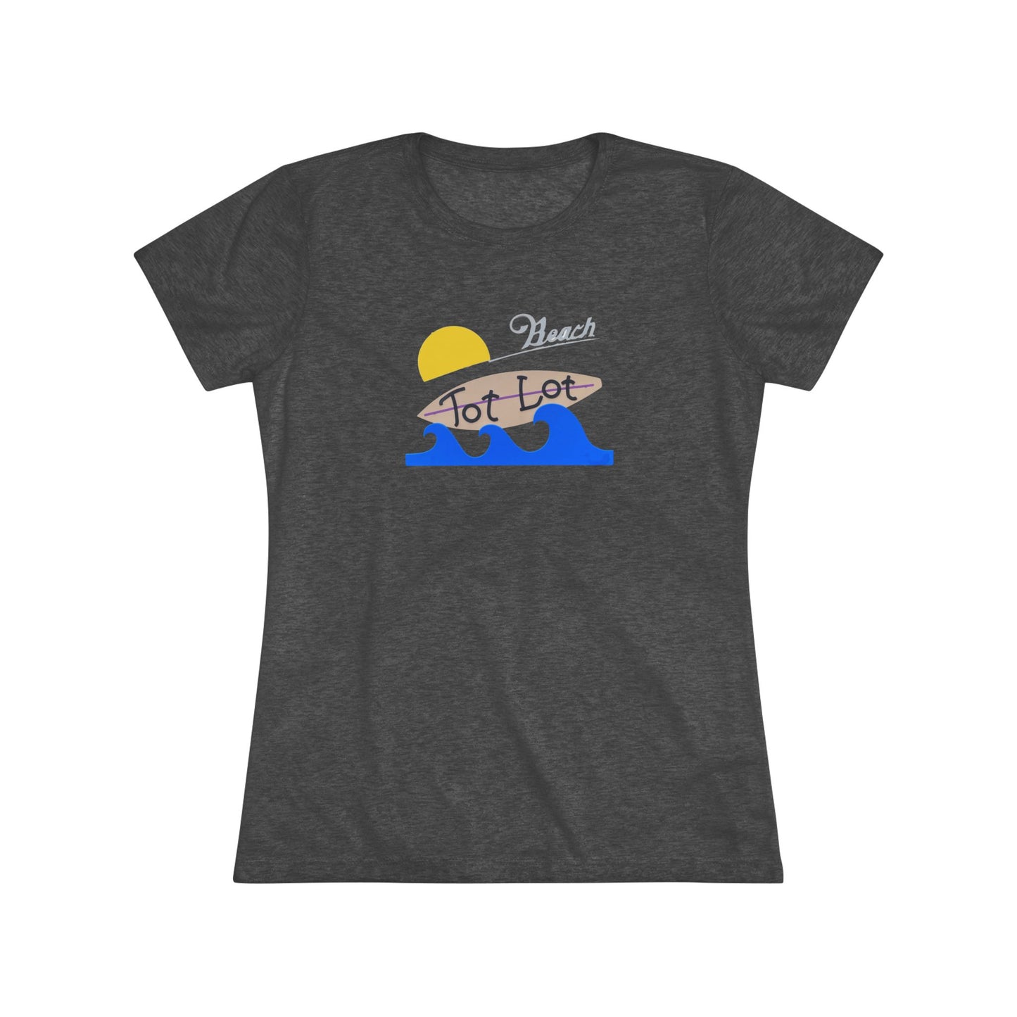 Introducing the Tot Lot Full Sign - Miller Beach - Women's Triblend Tee by Printify! This stylish gray t-shirt features a vintage-inspired design showcasing a setting sun, a surging blue wave, and the phrase "Miller Beach Tot Lot" in eye-catching stylized fonts. Perfect for any casual outing, this beach-themed top exudes a playful and trendy vibe.