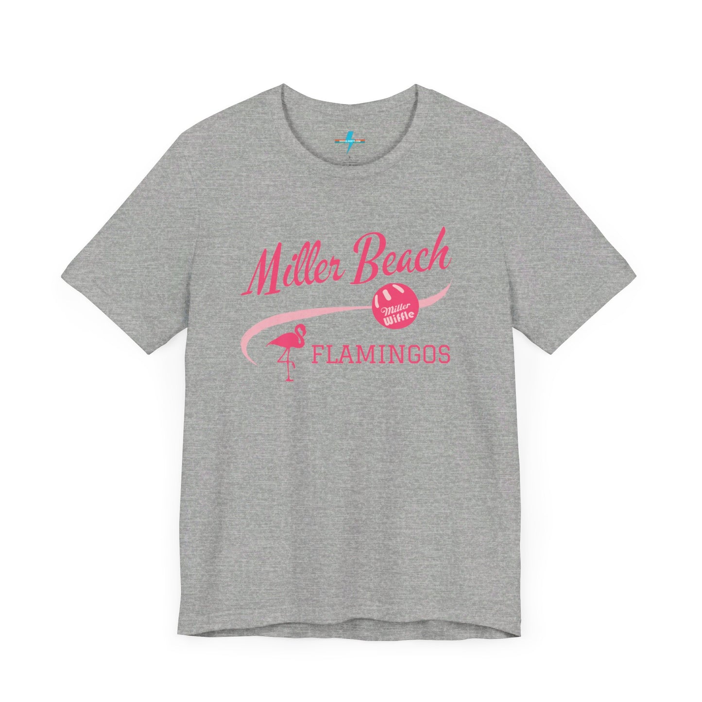 Printify offers the Miller Beach Flamingos WWBC - Unisex Jersey Short Sleeve Tee, featuring a light pink T-Shirt adorned with "Miller Beach Flamingos" and a volleyball graphic in pink. This design also includes an illustration of a flamingo, celebrating their participation in the World Wiffel Ball Championship. The shirt is showcased against a minimalist, white backdrop.