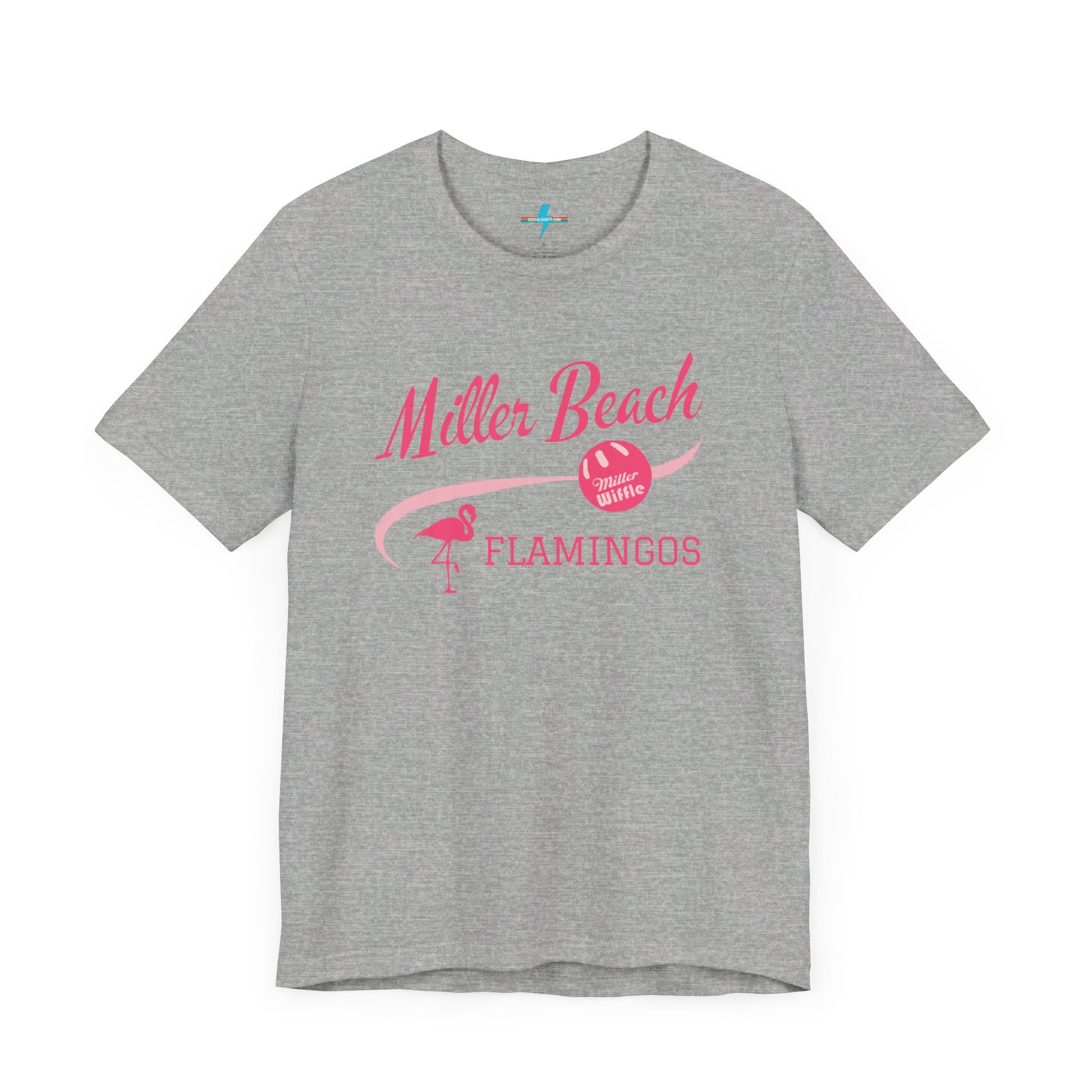 Printify offers the Miller Beach Flamingos WWBC - Unisex Jersey Short Sleeve Tee, featuring a light pink T-Shirt adorned with "Miller Beach Flamingos" and a volleyball graphic in pink. This design also includes an illustration of a flamingo, celebrating their participation in the World Wiffel Ball Championship. The shirt is showcased against a minimalist, white backdrop.