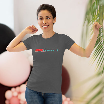 A women's triblend tee by Printify in light gray, featuring a casual and minimalist design that captures the essence of vintage style with a centered 1980s Retro Kmart logo on the front.