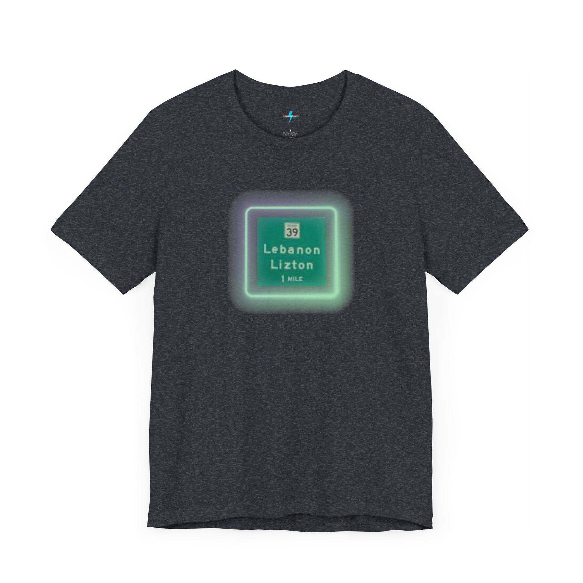 Introducing "The Lebanon Loop - Indiana" unisex jersey short sleeve tee by Printify. This green t-shirt features a graphic of a road sign displaying "39 Lebanon Lizton 1 MILE" within a slightly glowing square frame. It's crafted from 100% Airlume cotton and photographed flat on a white background.