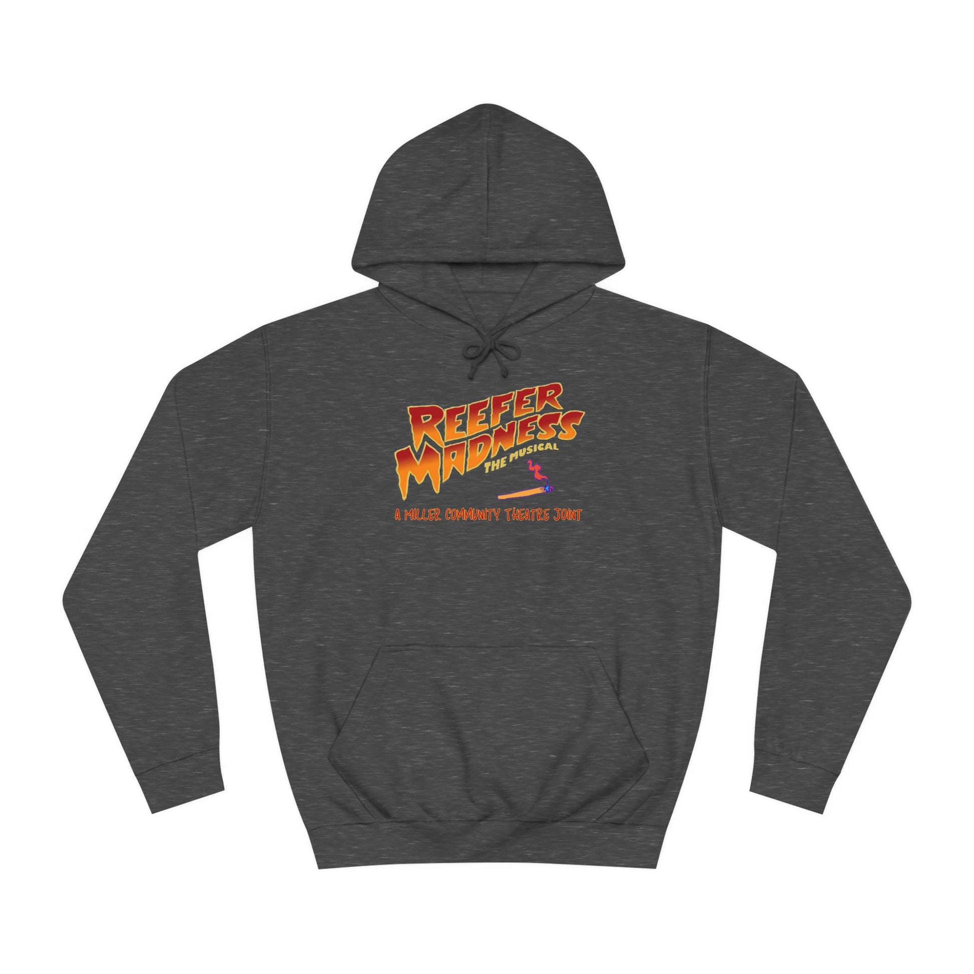 Introducing the "Reefer Madness - A Miller Community Theatre Joint" hoodie by Printify—a green hoodie with "Reefer Madness The Musical" displayed in bold, colorful font. Beneath it, the phrase "A very scary trip!" is featured. This hoodie is ideal for fans of the Miller Community Theatre production and comes with a front pocket and a drawstring hood.