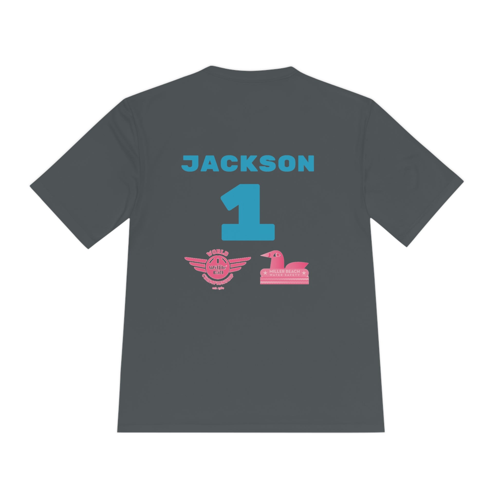 Introducing the "Miller Beach Flamingos - Jackson 01" Unisex Moisture Wicking Tee by Printify. This beige T-shirt showcases "Miller Beach" in a pink cursive font accompanied by a small pink flamingo illustration. Below, "FLAMINGOS" is displayed in bold pink capital letters, with a blue "01" on the bottom right corner. As part of the Sport-Tek PosiCharge Competitor collection, this lightweight shirt provides superior moisture-wicking performance.