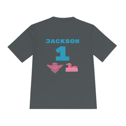 Introducing the "Miller Beach Flamingos - Jackson 01" Unisex Moisture Wicking Tee by Printify. This beige T-shirt showcases "Miller Beach" in a pink cursive font accompanied by a small pink flamingo illustration. Below, "FLAMINGOS" is displayed in bold pink capital letters, with a blue "01" on the bottom right corner. As part of the Sport-Tek PosiCharge Competitor collection, this lightweight shirt provides superior moisture-wicking performance.
