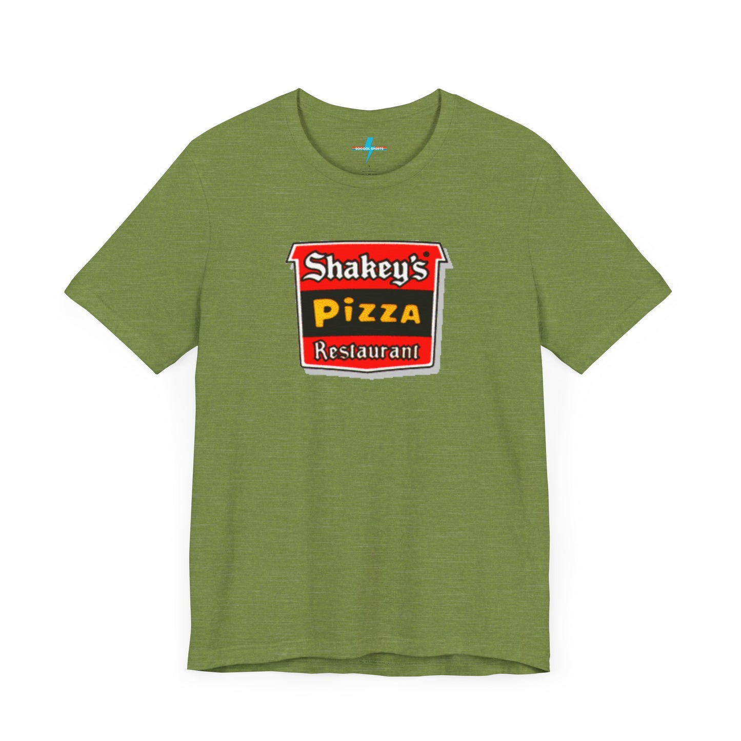 A black Shakey's Pizza - 1980s Retro Logo - Unisex T-Shirt by Printify hangs against a white background. The shirt features a colorful graphic with the text "Shakey's Pizza Restaurant" in white, yellow, and black lettering on a red background, resembling vintage pizza joints signage. This retro tee brings nostalgic vibes of classic pizzerias.