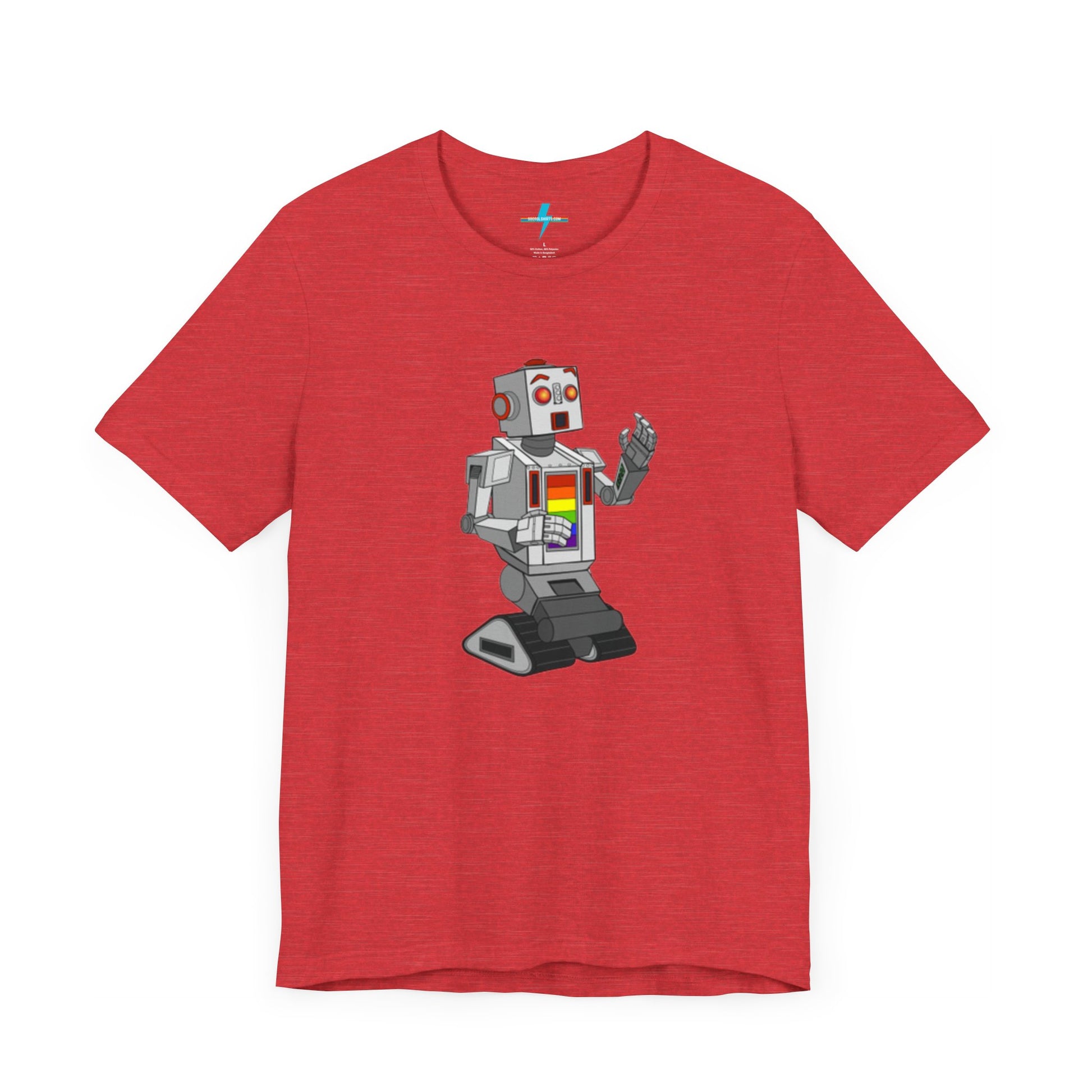 The "Gay Robot - Unisex Jersey Short Sleeve Tee" by Printify is a vibrant orange shirt featuring a retro-style robot graphic. The silver robot, accented with red and inspired by Nick Swardson's Gay Robot t-shirt, sports a colorful chest display. Laid flat against a white background, the design is showcased prominently.