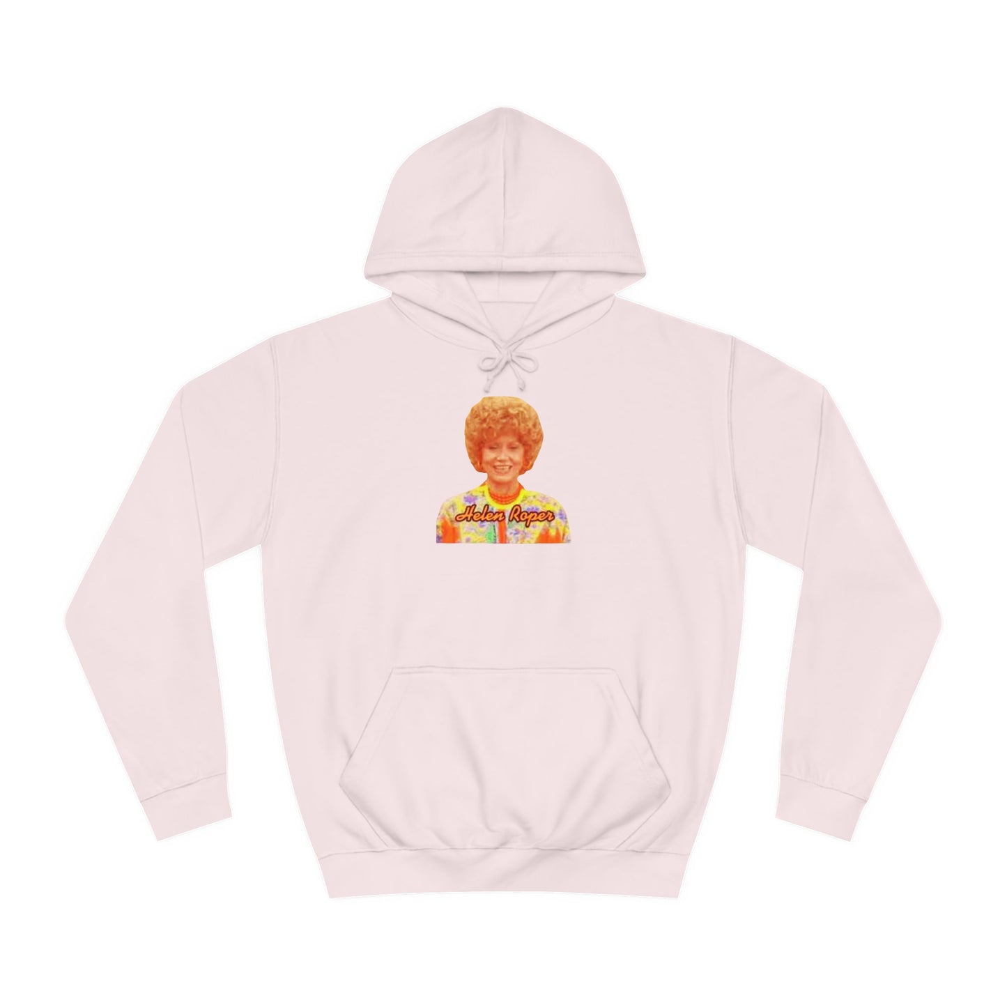 This Helen Roper - Three's Company unisex hoodie by Printify features a lively graphic of a woman with curly hair in a vibrant, patterned outfit. The elegantly scripted text "Mother Rogers" beneath her adds a vintage fashion flair to any wardrobe.