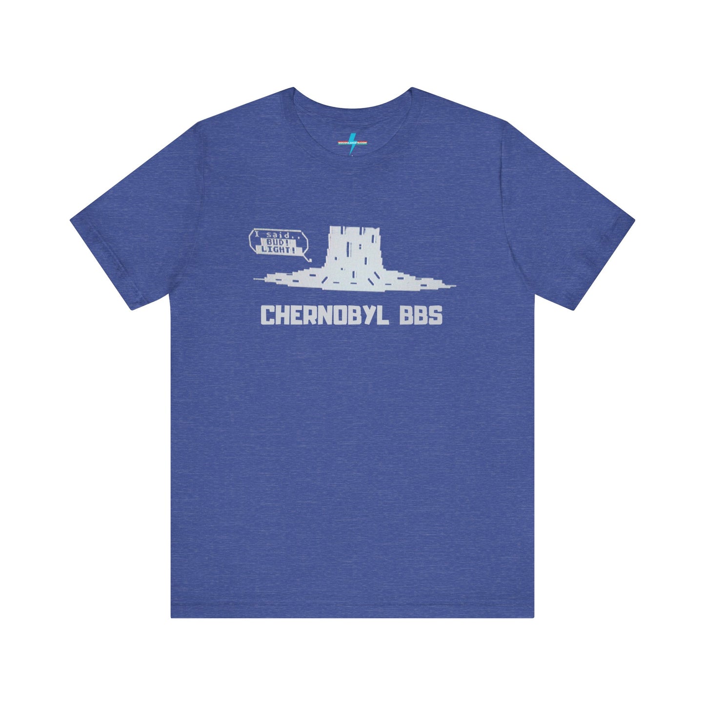 Introducing the Chernobyl BBS 1987 Shorewood, Illinois - Unisex Jersey Short Sleeve Tee by Printify: This dark gray tee showcases a glowing nuclear cooling tower with "BBS" text on the side. Below the graphic, "CHERNOBYL BBS" is boldly printed in capital letters, making it an ideal choice for retro tech aficionados and old-school hackers alike.