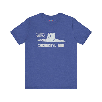 Introducing the Chernobyl BBS 1987 Shorewood, Illinois - Unisex Jersey Short Sleeve Tee by Printify: This dark gray tee showcases a glowing nuclear cooling tower with "BBS" text on the side. Below the graphic, "CHERNOBYL BBS" is boldly printed in capital letters, making it an ideal choice for retro tech aficionados and old-school hackers alike.