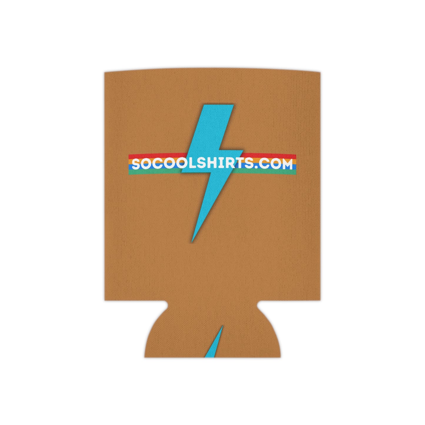 The SoCool Shirts - Koozie by Printify exudes a retro-inspired flair with its brown color and blue lightning bolt design. The website URL "SOCOOLSHIRTS.COM" stands out prominently across the middle and bottom, accentuated by yellow and red stripes.