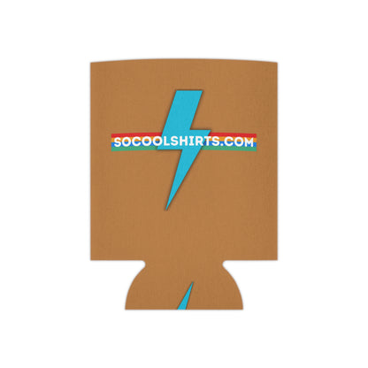 The SoCool Shirts - Koozie by Printify exudes a retro-inspired flair with its brown color and blue lightning bolt design. The website URL "SOCOOLSHIRTS.COM" stands out prominently across the middle and bottom, accentuated by yellow and red stripes.