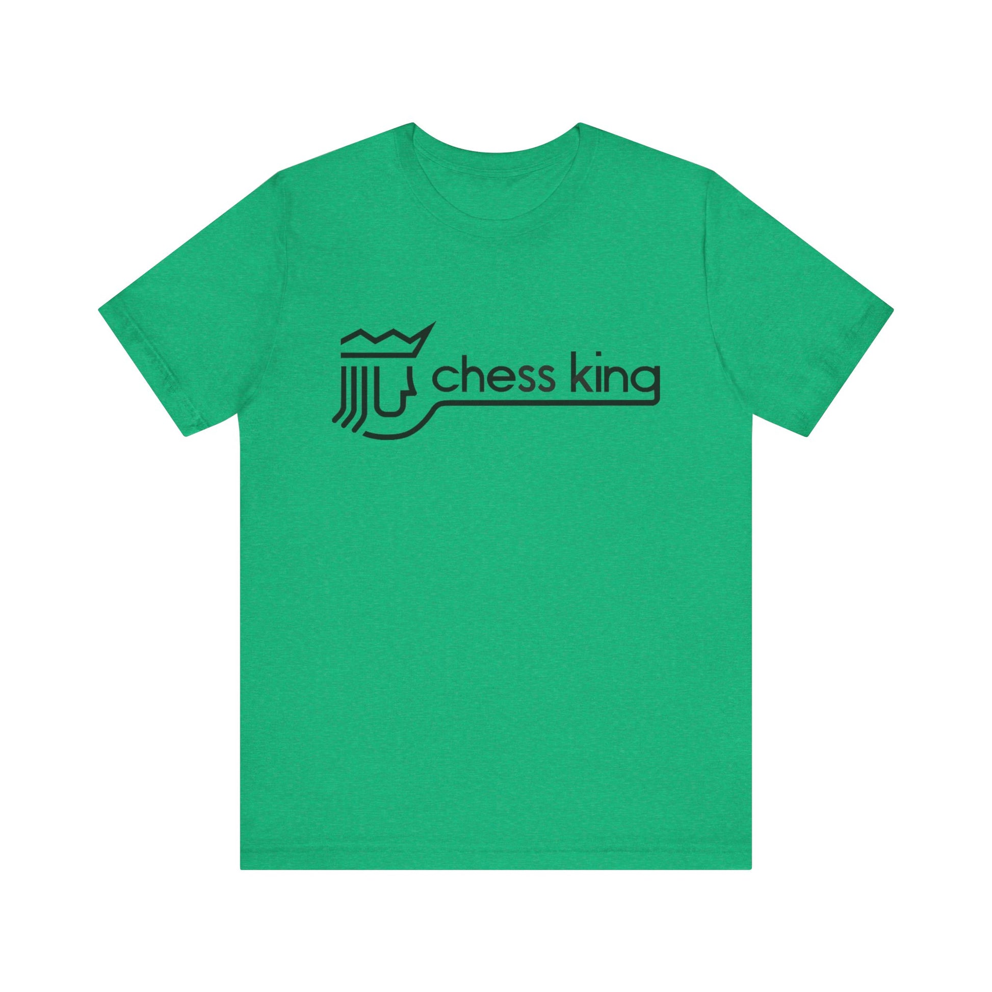 A unisex jersey short sleeve tee from Printify, featuring the Chess King 1980's Clothing Store Logo with a black, stylized king chess piece and the words "Chess King" on a blue background, reminiscent of retro 80s fashion.