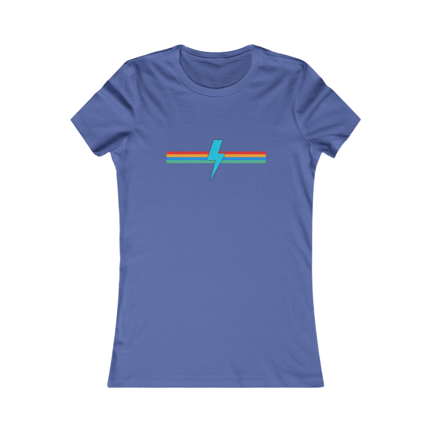 A light pink women's fitted t-shirt from Printify, called the SoCool Shirts OG Logo Retro - Women's Favorite Tee, showcases a minimalist design featuring a blue lightning bolt logo slicing through a horizontal tricolor stripe in red, orange, and teal across the chest area. The shirt boasts short sleeves, a round neckline, and is made from soft Bella + Canvas fabric.