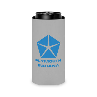 The Plymouth Indiana Koozie by Printify is a gray foam can koozie adorned with a blue geometric star logo above the text "PLYMOUTH INDIANA." At the bottom, it features a retro-inspired design with the text "SOCOOLSHIRTS.COM" in red and blue.