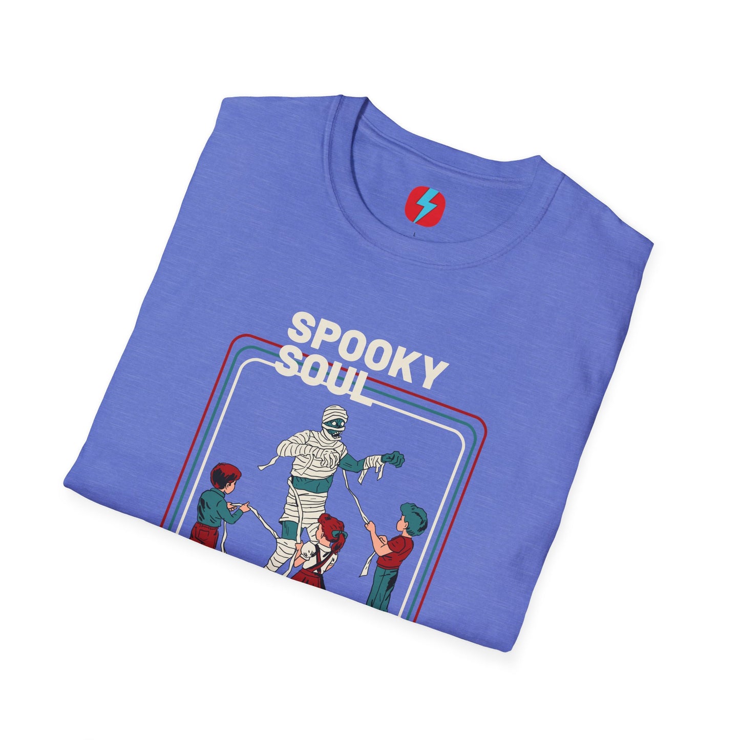 The Spooky Soul - Halloween - Unisex Softstyle T-Shirt by Printify, available in dark gray, showcases a retro-style graphic of a mummy dancing with two kids in Halloween costumes. The text "SPOOKY SOUL" is displayed above the image, which is framed by red and blue lines to enhance its vintage feel.