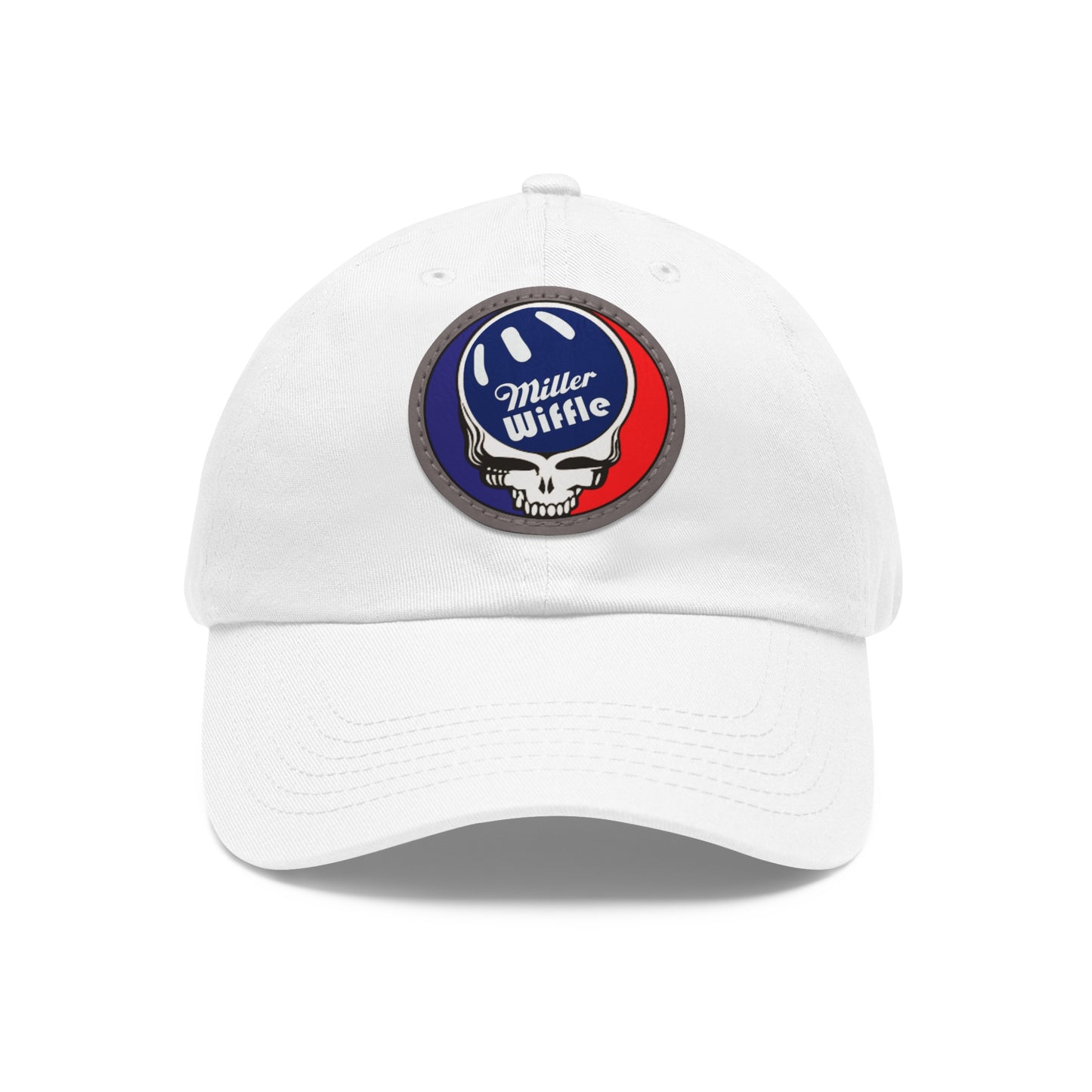 Product Description: The Dad Hat with Leather Patch (Round) - Miller Wiffle Grateful Dead Stealy by Printify is a red baseball cap made from bio-washed chino twill. It features a round PU leather patch on the front, depicting a blue and white wiffle ball above a stylized white skull. The words "Miller Wiffle" are written in white text on the ball. This cap includes a curved brim and ventilation holes on top for added comfort.