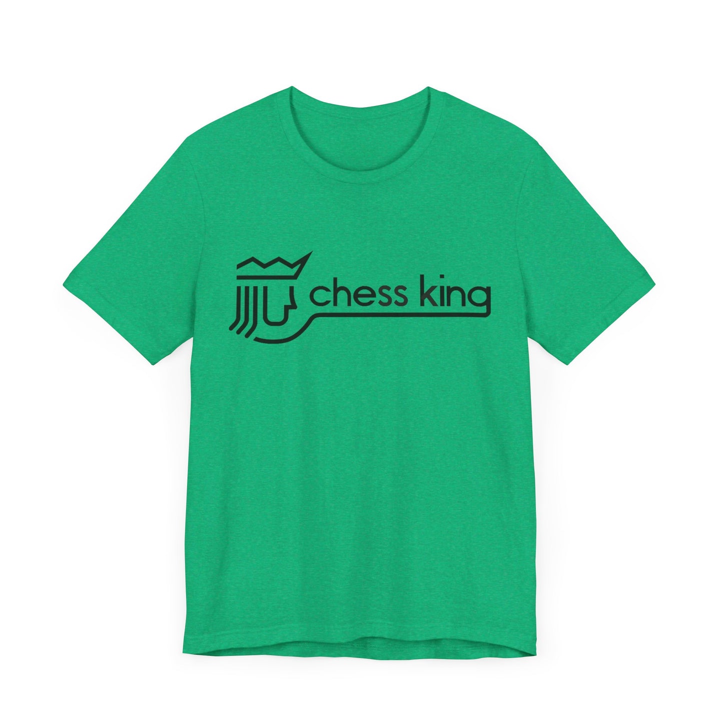 A unisex jersey short sleeve tee from Printify, featuring the Chess King 1980's Clothing Store Logo with a black, stylized king chess piece and the words "Chess King" on a blue background, reminiscent of retro 80s fashion.