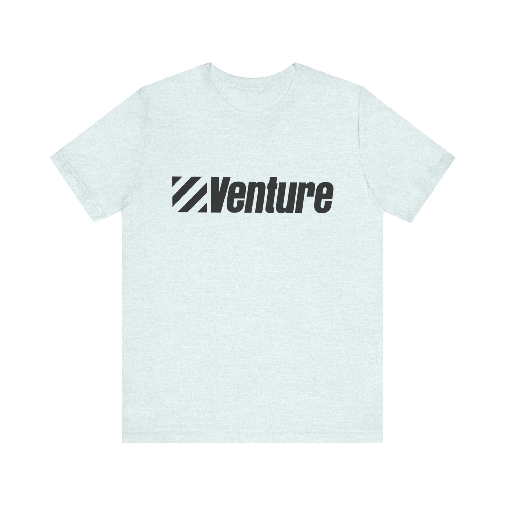 A unisex jersey short sleeve tee from Printify, featuring a classic 1980s Venture Stores logo printed in bold black letters across the chest on a gray fabric, is showcased against a plain white background.