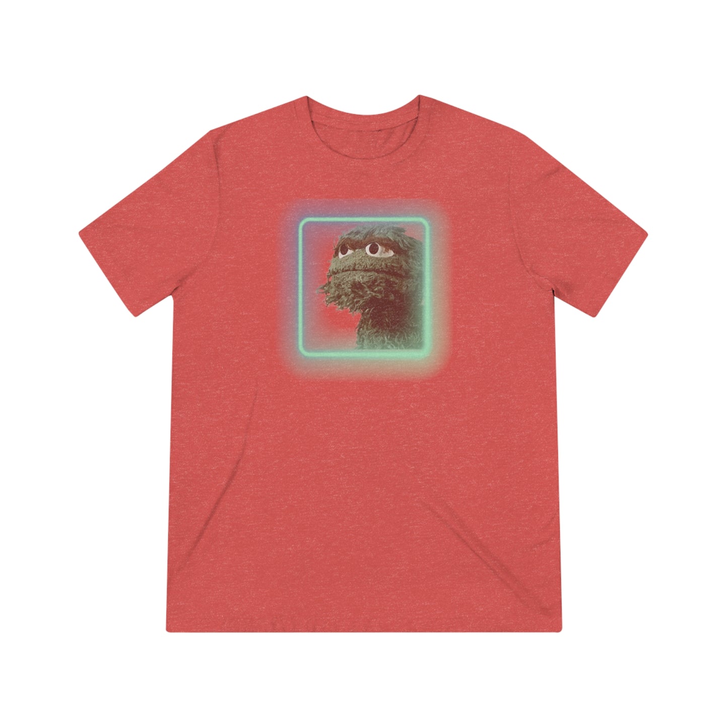 Introducing the Oscar the Grouch Unisex Triblend Tee by Printify: This red triblend t-shirt features a green puppet character with expressive eyes, framed by a glowing, square-shaped rainbow border. With its simple and casual design, free of any additional text or graphics, this tee offers the perfect blend of style and durability thanks to its polyester construction.