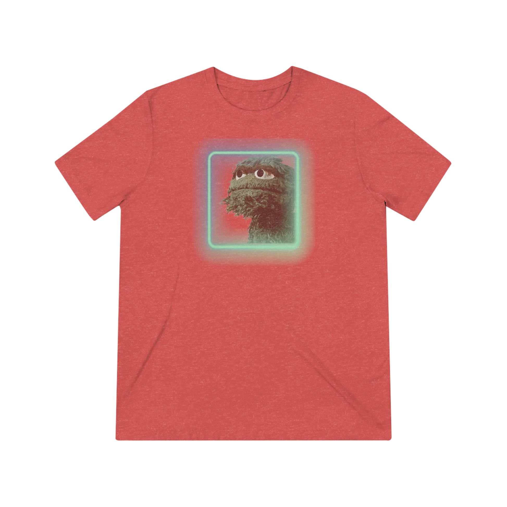 Introducing the Oscar the Grouch Unisex Triblend Tee by Printify: This red triblend t-shirt features a green puppet character with expressive eyes, framed by a glowing, square-shaped rainbow border. With its simple and casual design, free of any additional text or graphics, this tee offers the perfect blend of style and durability thanks to its polyester construction.