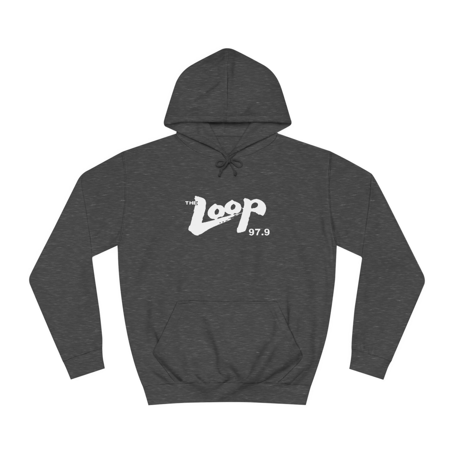 The Loop 97.9 Chicago Radio 1980s Hoodie by Printify showcases "The Loop 97.9" in striking white letters along with the iconic logo on the front. This essential piece for fans of the legendary Chicago rock radio station also features a handy front pocket and a drawstring hood.