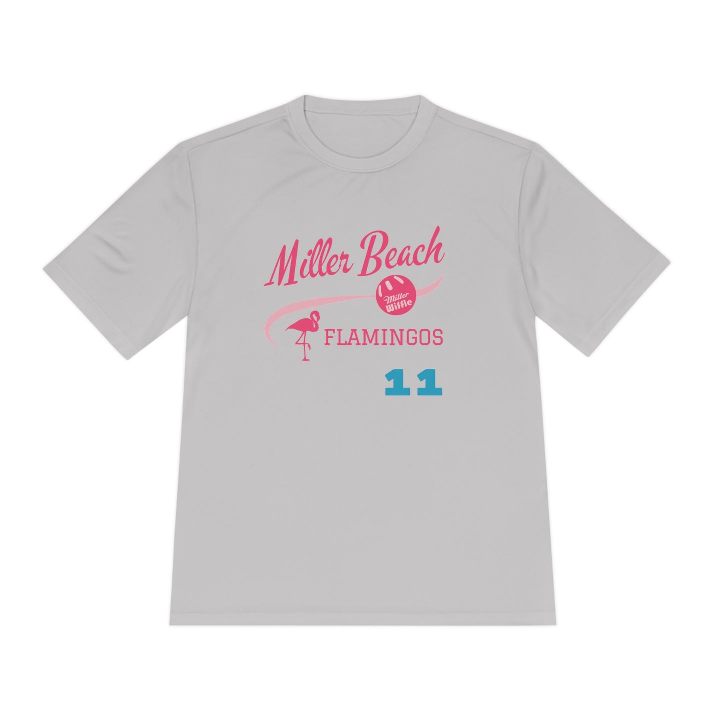 The Miller Beach Flamingos - Poncin 11 Unisex Moisture Wicking Tee by Printify features a beige shirt with "Miller Beach" in pink script, accompanied by a small illustration of a flamingo and volleyball. Below this design, the word "FLAMINGOS" is displayed in pink, with the number "11" appearing in blue near the bottom. Made from Sport-Tek PosiCharge Competitor Tee fabric, this custom moisture-wicking shirt ensures you stay cool and stylish.