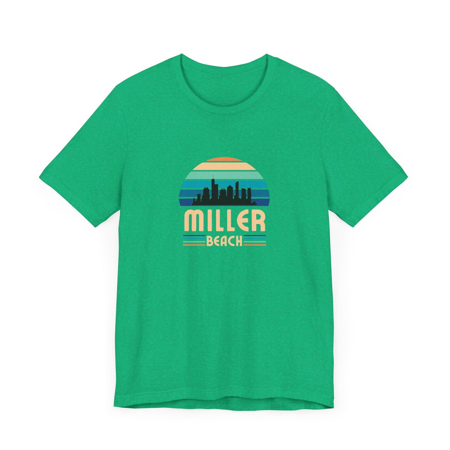 The Printify Miller Beach Chicago Skyline - Unisex Jersey Short Sleeve Tee is a light blue T-shirt featuring a stylized graphic of the Chicago skyline against a setting sun with gradient shades of blue and orange. Below the graphic, "Miller Beach" is printed in bold, yellow letters.