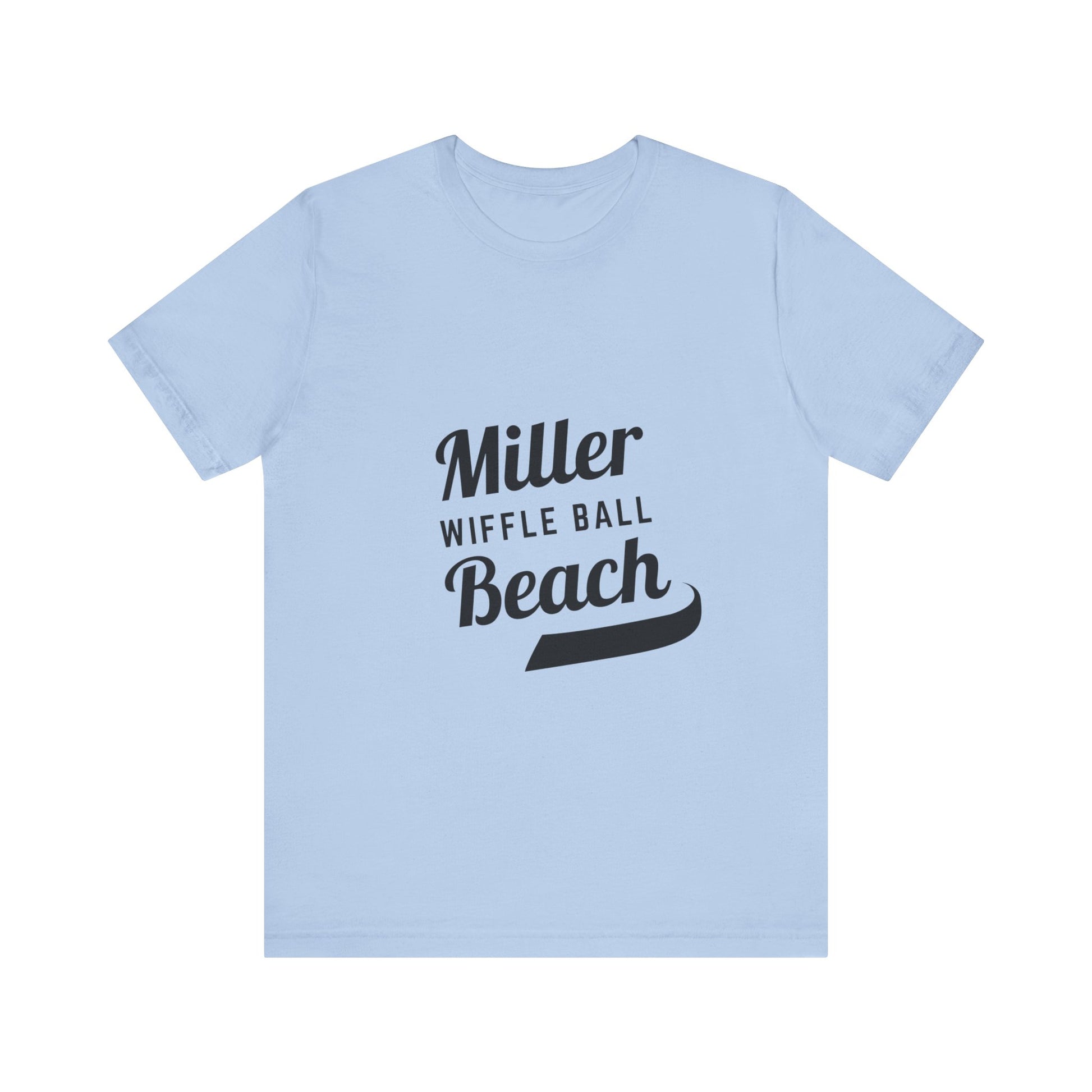 A light blue, soft cotton t-shirt with the text "Miller Beach Wiffel Ball" printed in black on the front. The design features a stylized, curved underline beneath the word "Beach," giving the text a dynamic appearance. This unisex jersey offers a comfortable retail fit for all. Product Name: Miller Beach Wiffel Ball - Unisex Jersey Short Sleeve Tee Retro Logo by Printify.