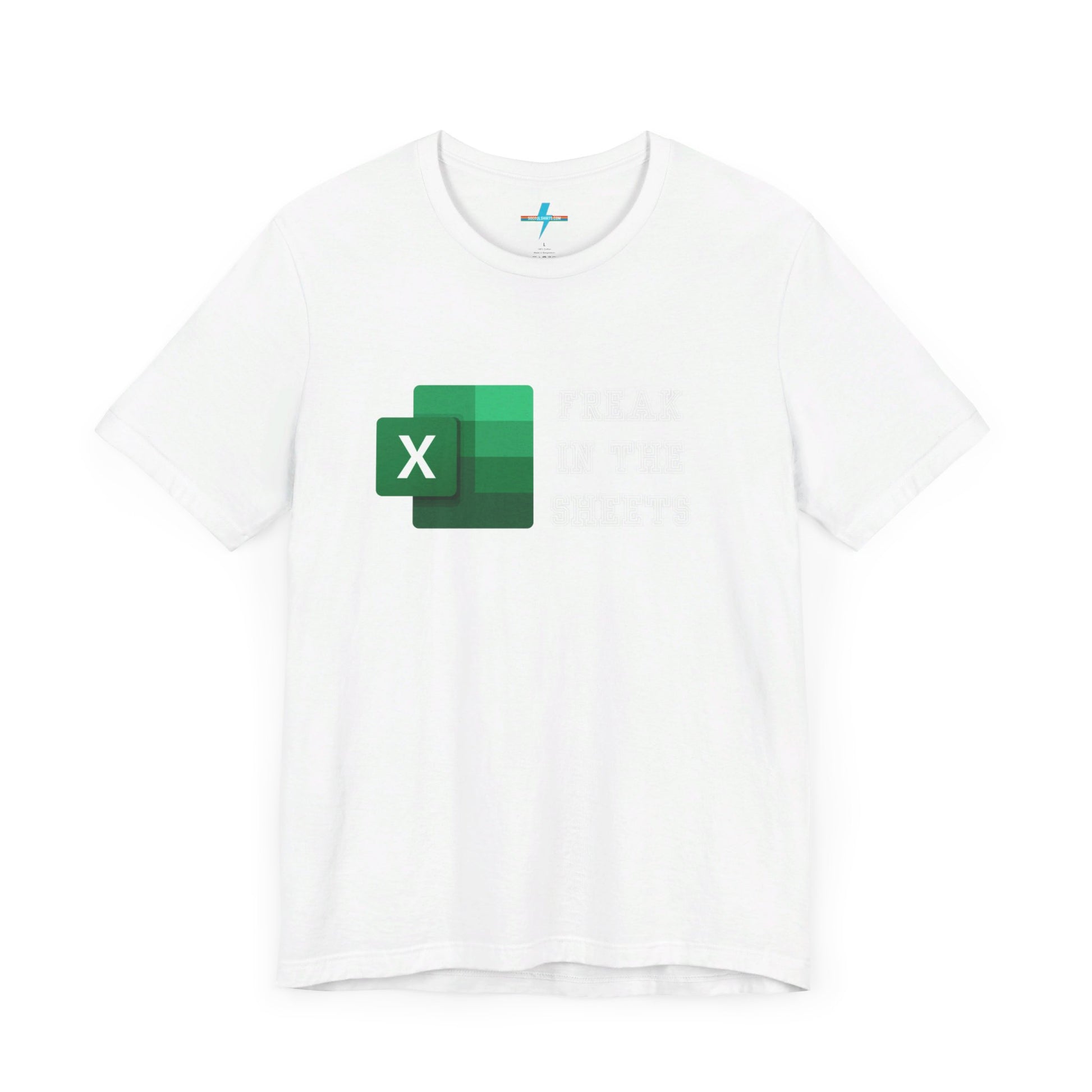 A green Freak in the Sheets - Excel - Unisex Jersey Short Sleeve Tee from Printify, featuring the Microsoft Excel logo on the left. The text next to the logo reads, "FREAK IN THE SHEETS" in white, bold, all-caps letters, making it perfect for spreadsheet enthusiasts. The shirt is laid flat against a plain white background.