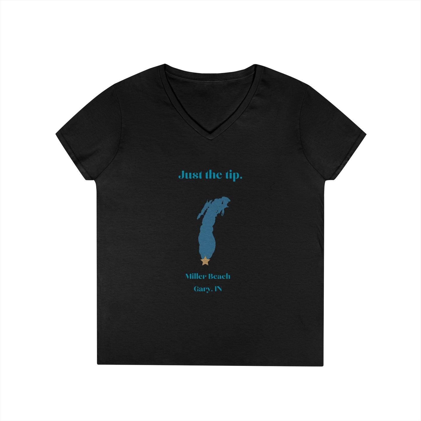 The Just the Tip - Miller Beach Ladies' V-Neck T-Shirt by Printify is a coral-colored top made from soft tri-blend fabric. It showcases a graphic of Lake Michigan accompanied by the playful text "Just the tip," along with "Miller Beach, Gary, IN" displayed below.