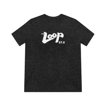 A plain grey Printify The Loop - Chicago - 97.9 Radio Unisex Triblend Tee with a white logo that says "The Loop 97.9" in a stylized font across the chest. The shirt has short sleeves and a round neckline, perfect for any classic rock fan.