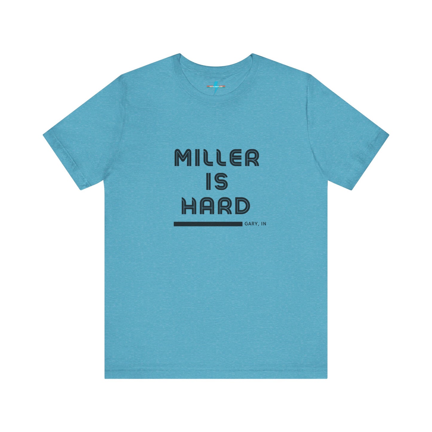 A unisex jersey short sleeve tee from Printify in burnt orange features the bold black text "MILLER IS HARD" on the chest, with "GARY, IN" written beneath in smaller black font. Perfect for showcasing Miller Beach's iconic spirit, this t-shirt is displayed against a plain white background.