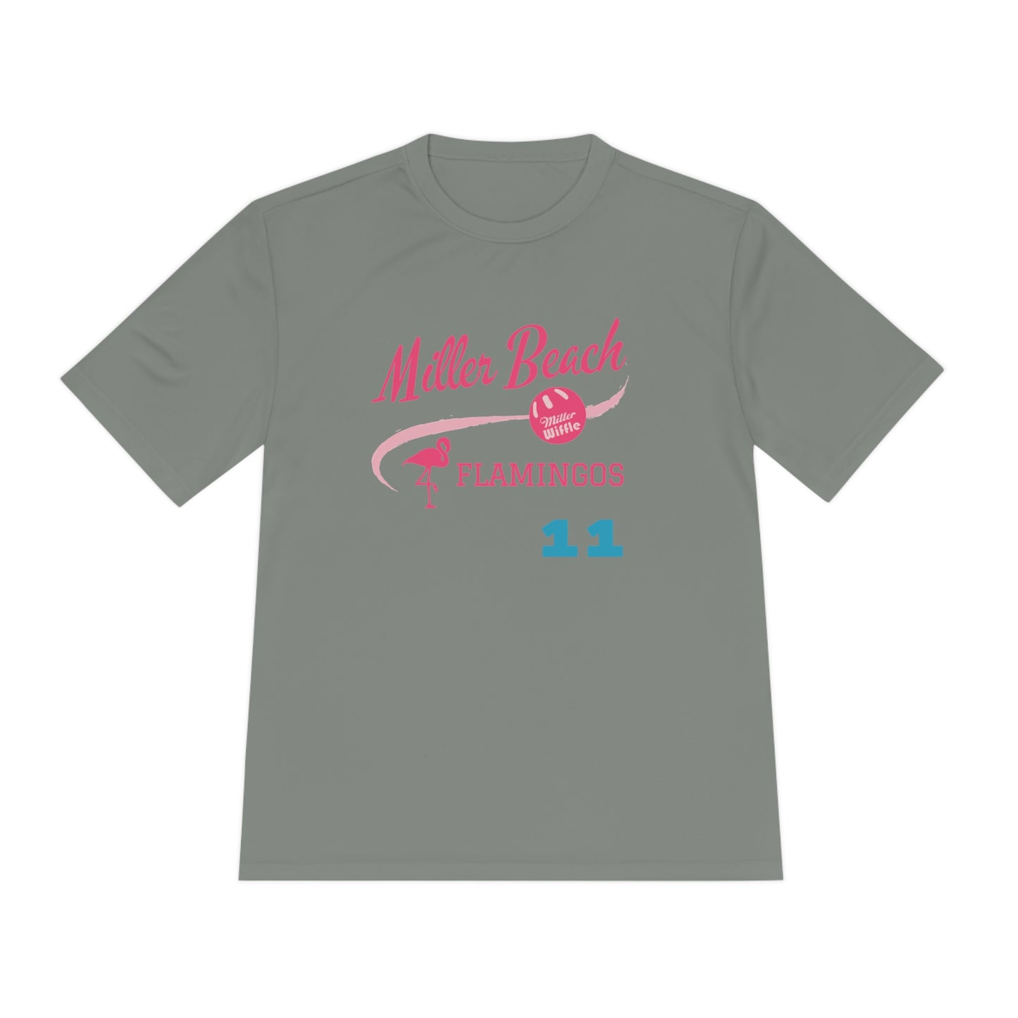 The Miller Beach Flamingos - Poncin 11 Unisex Moisture Wicking Tee by Printify features a beige shirt with "Miller Beach" in pink script, accompanied by a small illustration of a flamingo and volleyball. Below this design, the word "FLAMINGOS" is displayed in pink, with the number "11" appearing in blue near the bottom. Made from Sport-Tek PosiCharge Competitor Tee fabric, this custom moisture-wicking shirt ensures you stay cool and stylish.