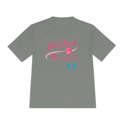 The Miller Beach Flamingos - Poncin 11 Unisex Moisture Wicking Tee by Printify features a beige shirt with "Miller Beach" in pink script, accompanied by a small illustration of a flamingo and volleyball. Below this design, the word "FLAMINGOS" is displayed in pink, with the number "11" appearing in blue near the bottom. Made from Sport-Tek PosiCharge Competitor Tee fabric, this custom moisture-wicking shirt ensures you stay cool and stylish.