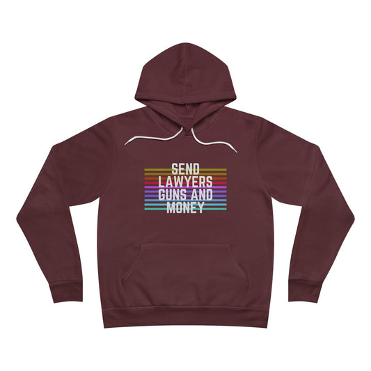 The Printify "Send Lawyers, Guns, and Money - Hoodie" is a maroon top featuring the text "SEND LAWYERS GUNS AND MONEY" in white, set against horizontal rainbow stripes. Crafted from premium Airlume cotton, this hoodie offers both comfort and style with its front pocket and white drawstrings.