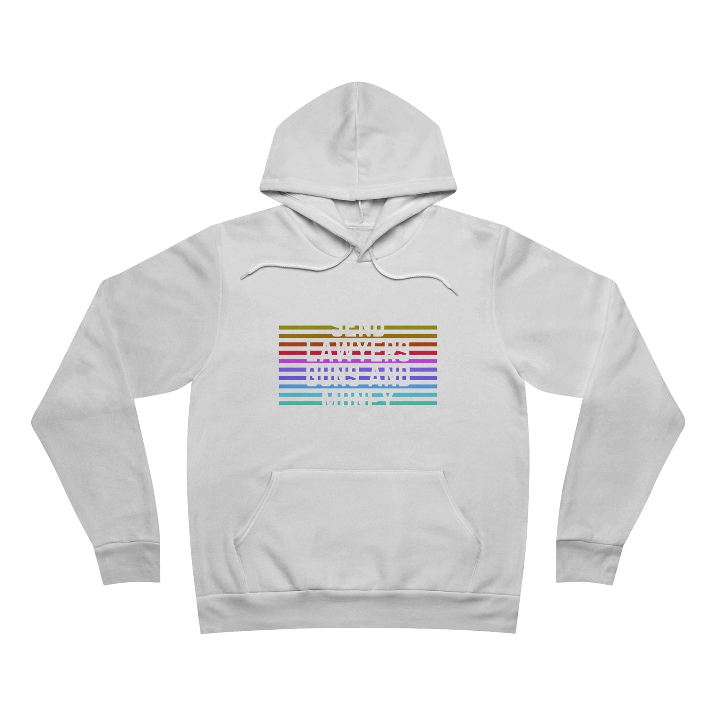 The Printify "Send Lawyers, Guns, and Money - Hoodie" is a maroon top featuring the text "SEND LAWYERS GUNS AND MONEY" in white, set against horizontal rainbow stripes. Crafted from premium Airlume cotton, this hoodie offers both comfort and style with its front pocket and white drawstrings.