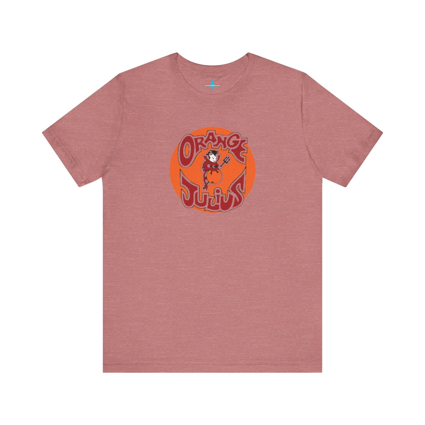 The Orange Julius 1980's Logo Unisex Jersey Style T-Shirt from Printify boasts a light gray color and features a vintage-style graphic. The design showcases the text "Orange Julius" in a stylized font within an orange circle, along with a small cartoon character holding a drink at the center—a nostalgic nod to timeless refreshment.