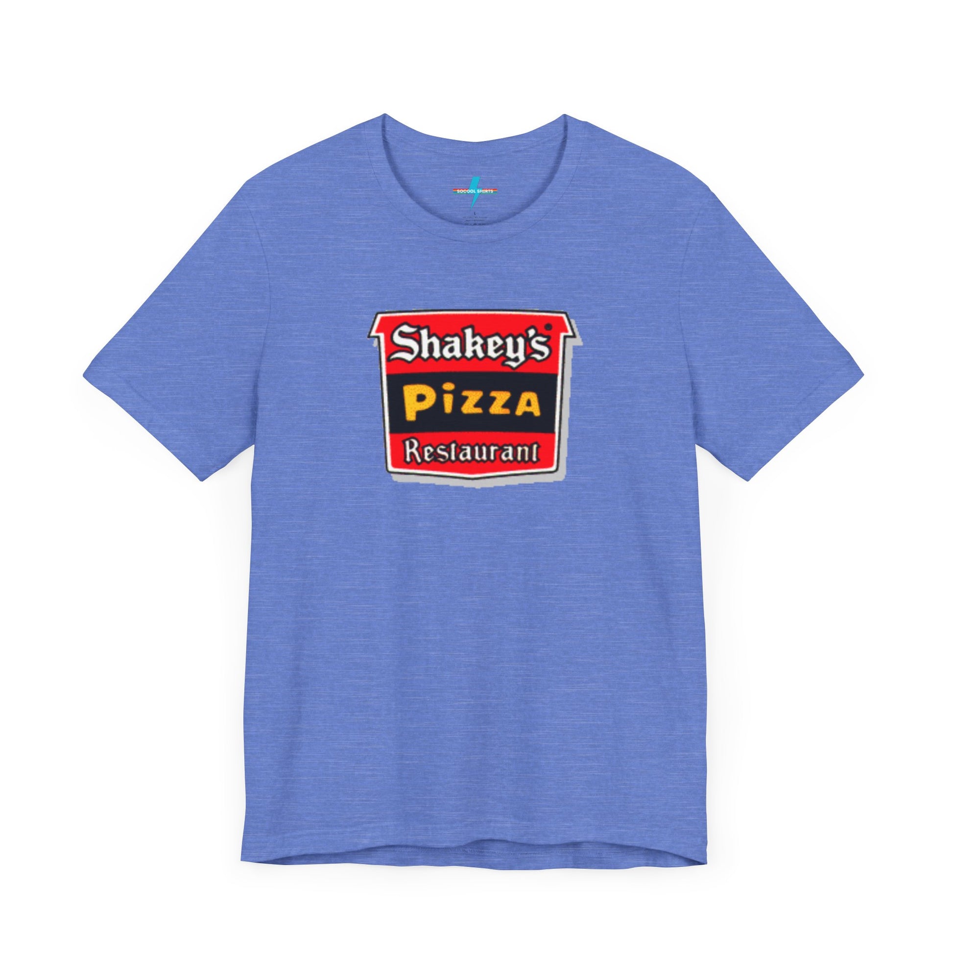 A black Shakey's Pizza - 1980s Retro Logo - Unisex T-Shirt by Printify hangs against a white background. The shirt features a colorful graphic with the text "Shakey's Pizza Restaurant" in white, yellow, and black lettering on a red background, resembling vintage pizza joints signage. This retro tee brings nostalgic vibes of classic pizzerias.