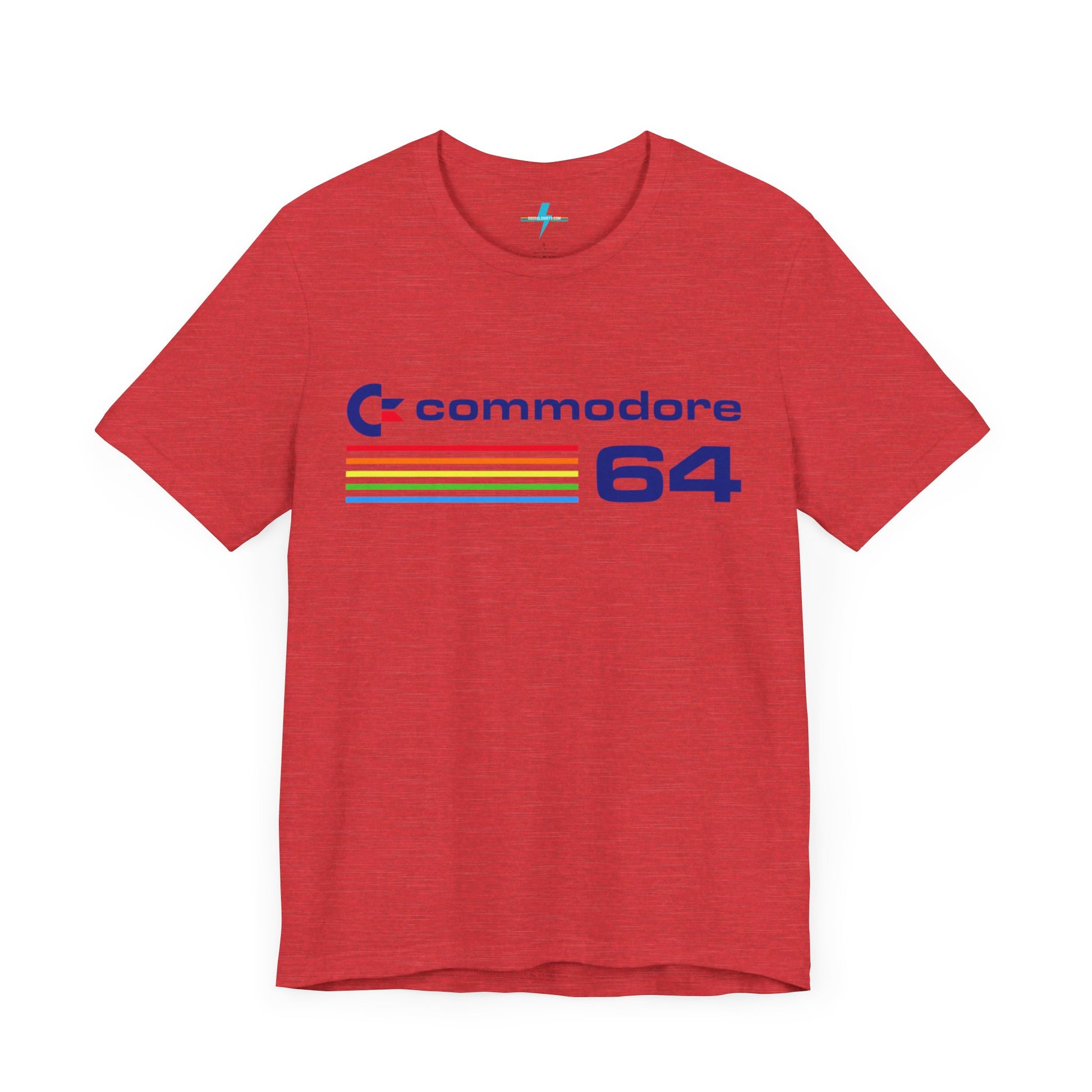 The 1980s Commodore 64 Computer C64 Unisex Jersey Short Sleeve Tee from Printify features a green T-shirt adorned with a vintage design showcasing the text "Commodore 64" and multicolored horizontal lines next to it. The word "Commodore" is emblazoned in blue alongside the Commodore logo, while the number "64" is also highlighted in blue on the right. Ideal for any retro tech enthusiast, this shirt is displayed against a white background.