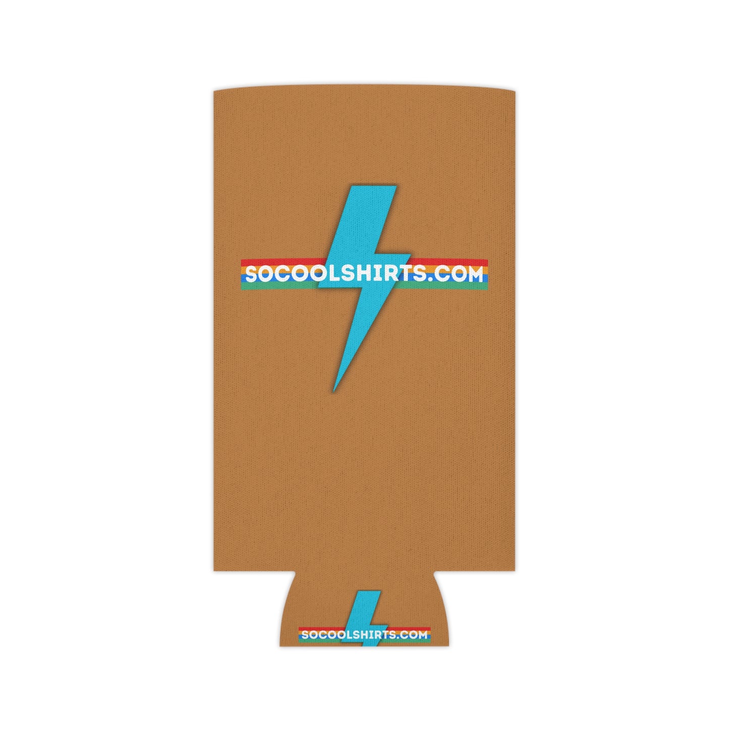 The SoCool Shirts - Koozie by Printify exudes a retro-inspired flair with its brown color and blue lightning bolt design. The website URL "SOCOOLSHIRTS.COM" stands out prominently across the middle and bottom, accentuated by yellow and red stripes.