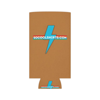 The SoCool Shirts - Koozie by Printify exudes a retro-inspired flair with its brown color and blue lightning bolt design. The website URL "SOCOOLSHIRTS.COM" stands out prominently across the middle and bottom, accentuated by yellow and red stripes.