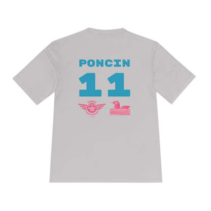 The Miller Beach Flamingos - Poncin 11 Unisex Moisture Wicking Tee by Printify features a beige shirt with "Miller Beach" in pink script, accompanied by a small illustration of a flamingo and volleyball. Below this design, the word "FLAMINGOS" is displayed in pink, with the number "11" appearing in blue near the bottom. Made from Sport-Tek PosiCharge Competitor Tee fabric, this custom moisture-wicking shirt ensures you stay cool and stylish.