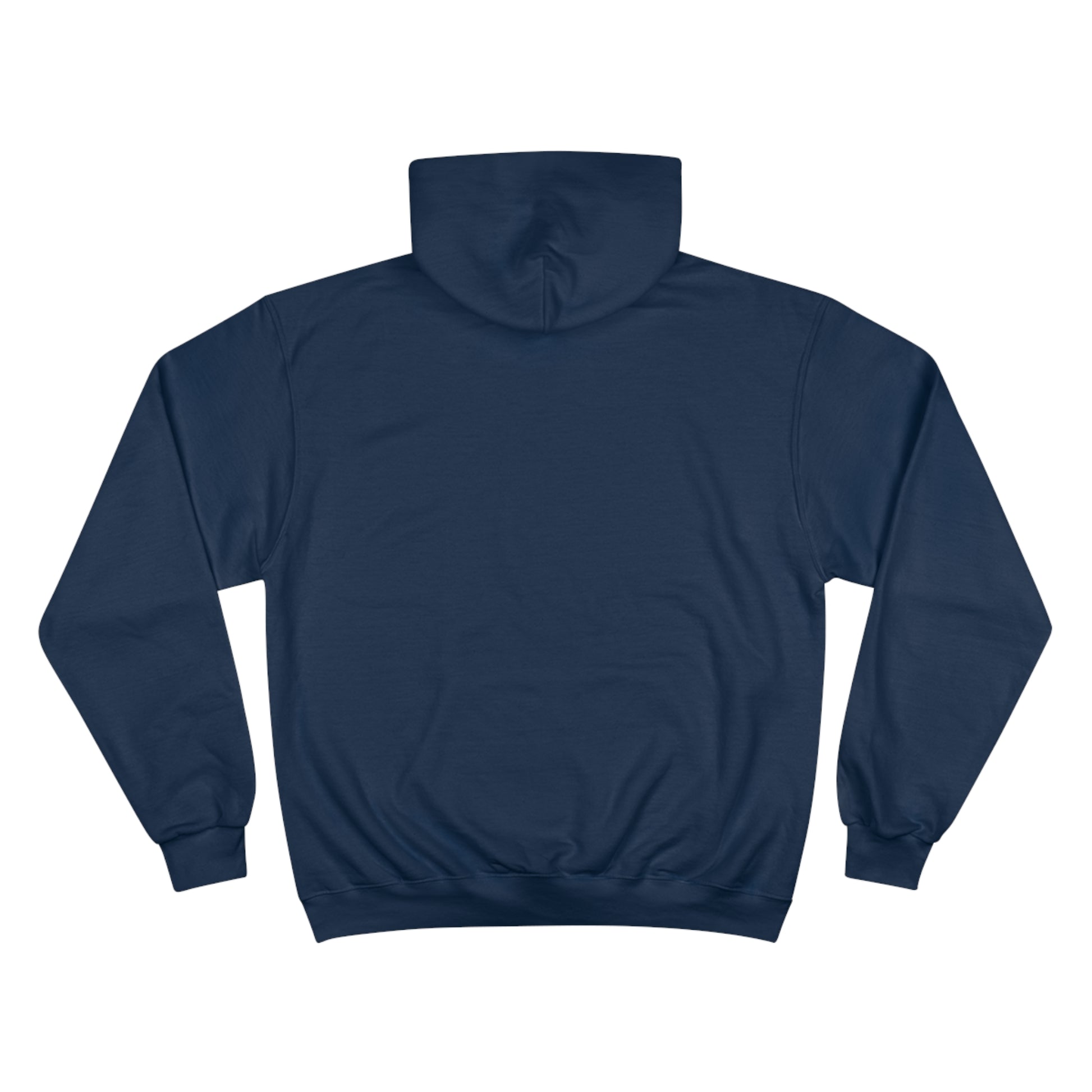 A navy blue Printify Miller Beach Wiffle Ball OG Logo - Sweatshirt, featuring a white wiffle ball graphic on the chest with "Miller Wiffle" in blue beneath it. Made from recycled polyester, this hoodie includes a front pocket, drawstrings, and the Champion logo on the left sleeve. It also offers Double Dry® technology for added comfort.