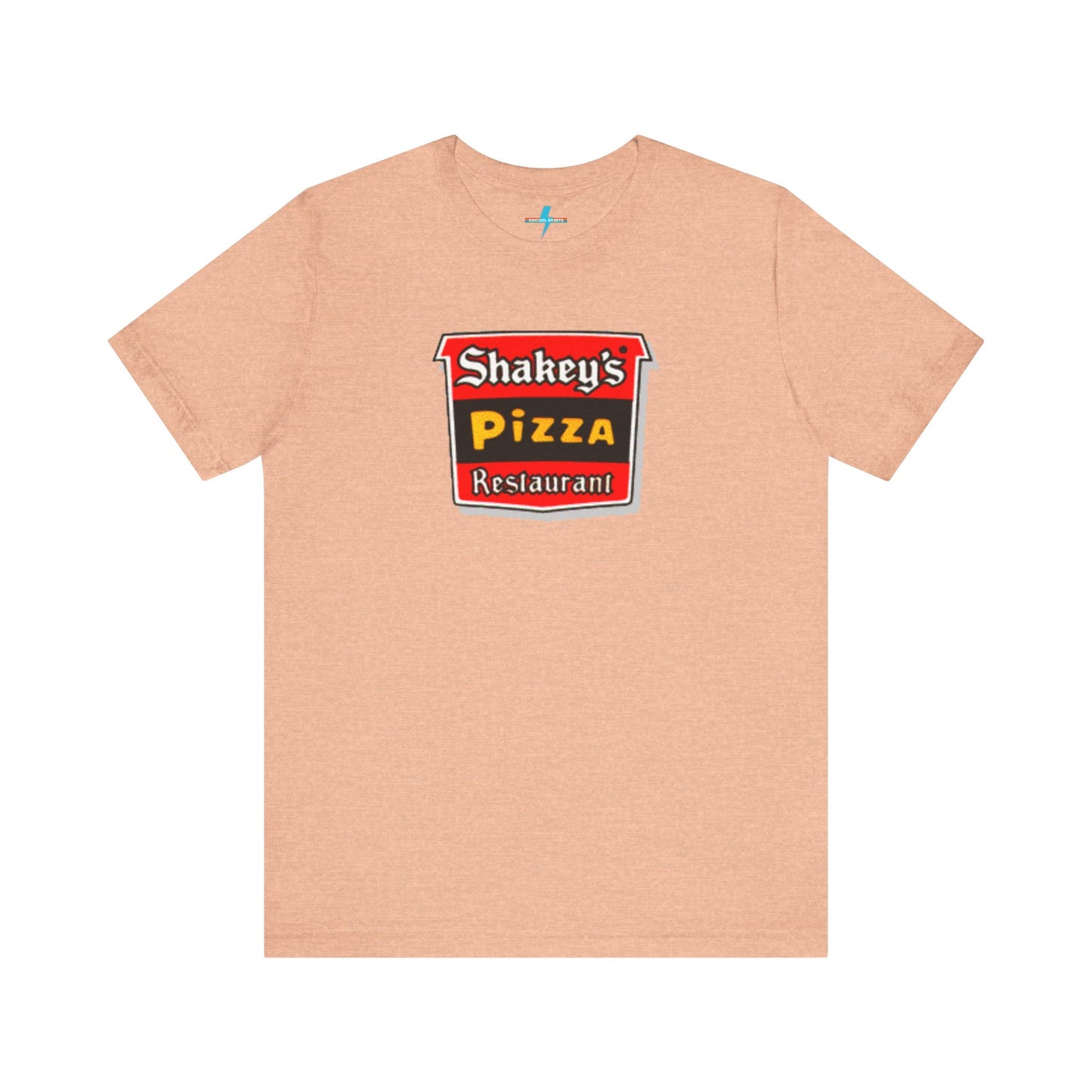 A black Shakey's Pizza - 1980s Retro Logo - Unisex T-Shirt by Printify hangs against a white background. The shirt features a colorful graphic with the text "Shakey's Pizza Restaurant" in white, yellow, and black lettering on a red background, resembling vintage pizza joints signage. This retro tee brings nostalgic vibes of classic pizzerias.