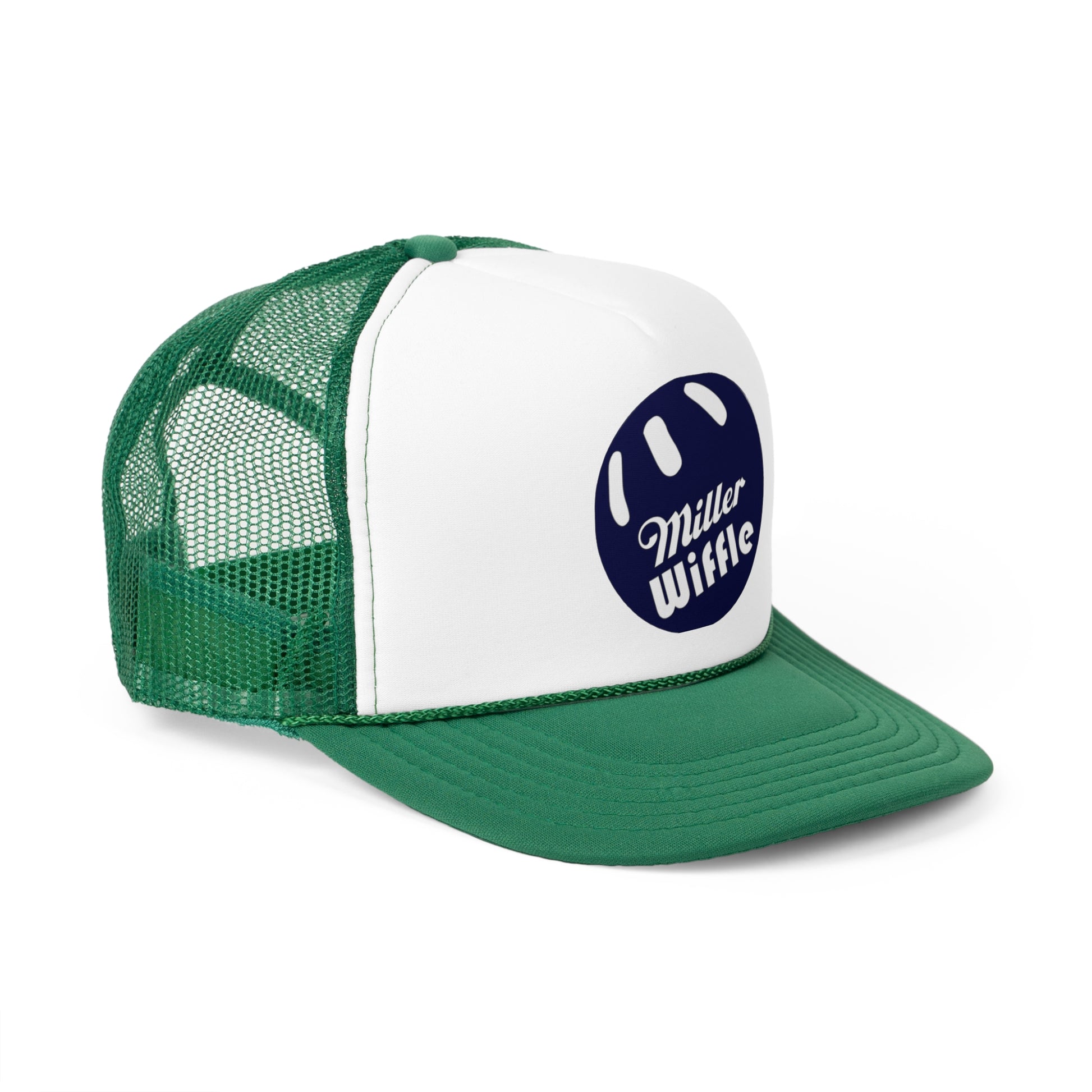 The Miller Wiffel Ball OG Logo - Trucker Cap by Printify is a stylish black and white hat featuring a black mesh back. The front panel is white and showcases a dark blue circle logo with the text "Miller Wiffle" in white, inside a design that resembles a Wiffle ball. This trucker cap includes an adjustable plastic snap closure for the perfect fit.