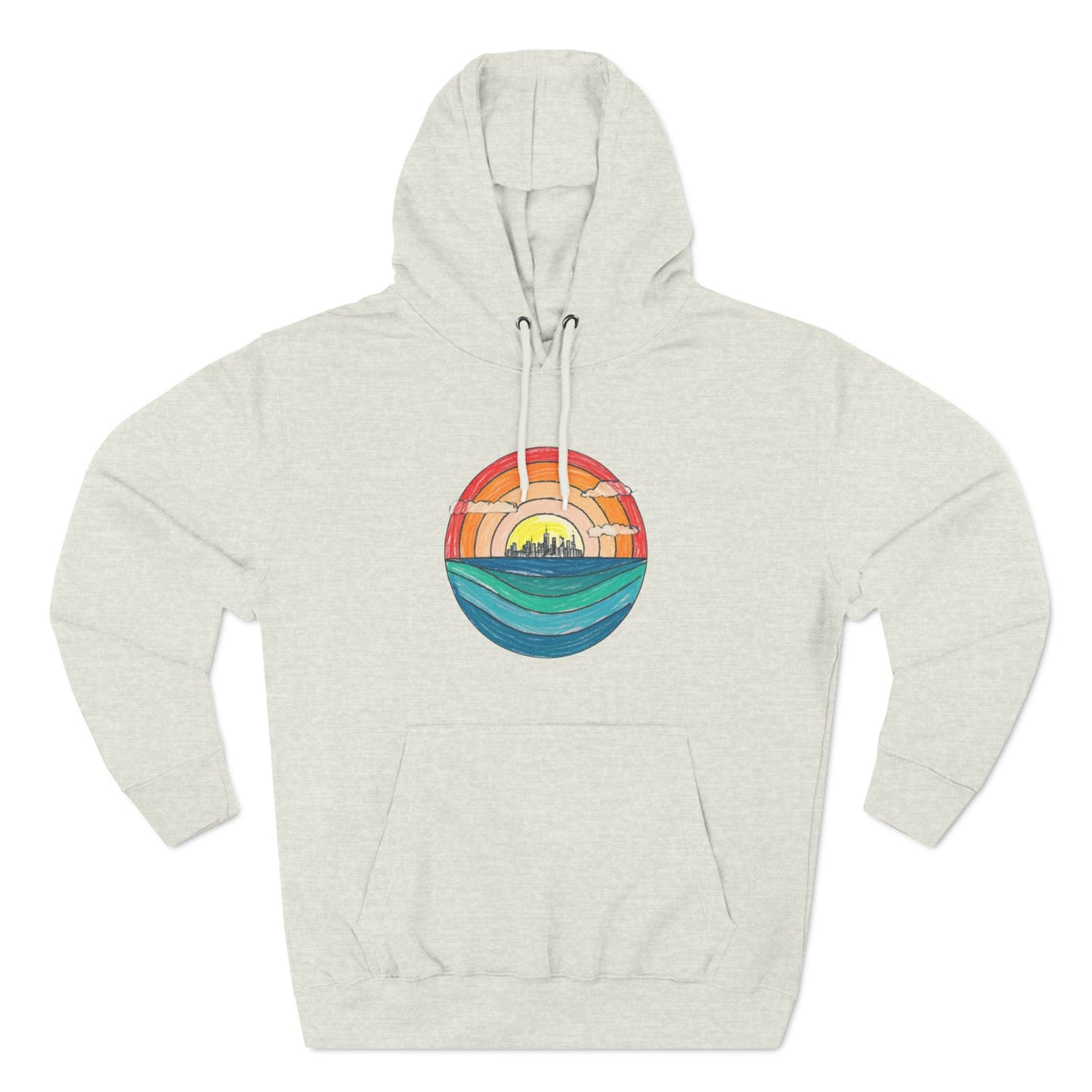 The Miller Beach Abstract - Three-Panel Fleece Hoodie by Printify is a premium light gray pullover featuring a vibrant circular front design. It showcases an abstract sunset-over-ocean scene with blue waters, an orange to red gradient sky, and a city skyline silhouette. Made from soft combed ring-spun cotton and lined with cozy fleece for extra warmth.