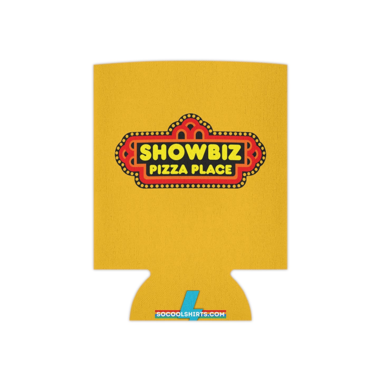 A retro-inspired koozie from Printify, named "Showbiz Pizza Place - Koozie," showcases a bold "Showbiz Pizza Place" logo with a red and black marquee design on a yellow background. The bottom features a small blue logo for "socoolshirts.com.